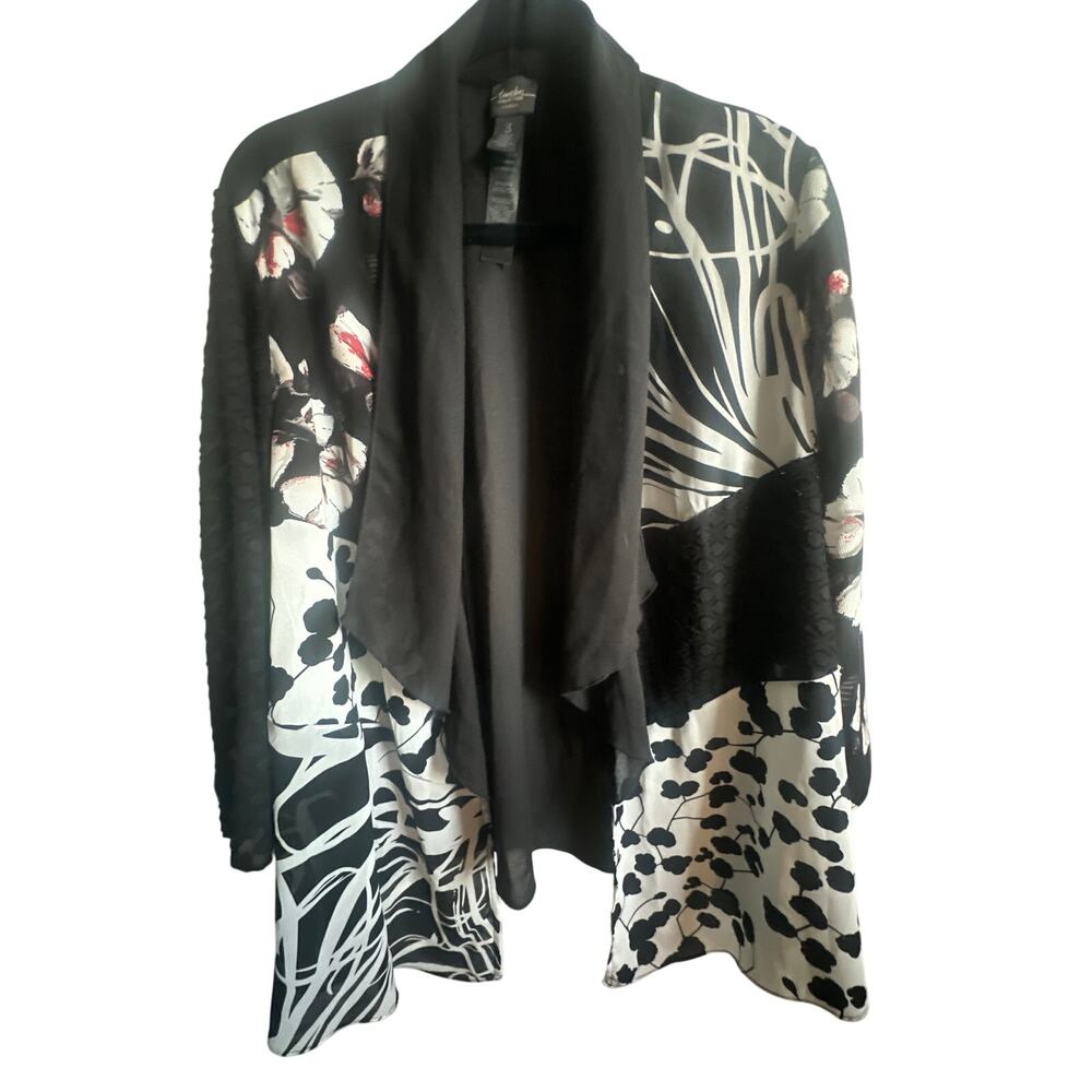 Chico’s Travelers Collection Size 3 Cardigan Black White Floral Open Front